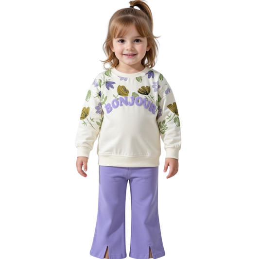 Girls Floral Sweatshirt & Split-Hem Trouser Set