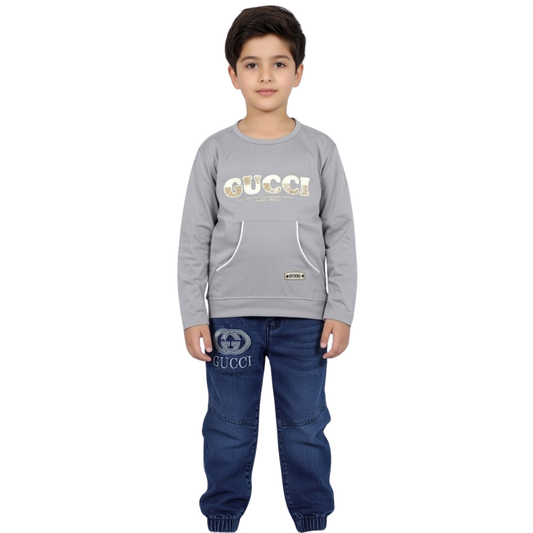 Boys 2-Piece Eid Outfit - Gucci-Inspired Branded Sweatshirt and Pants