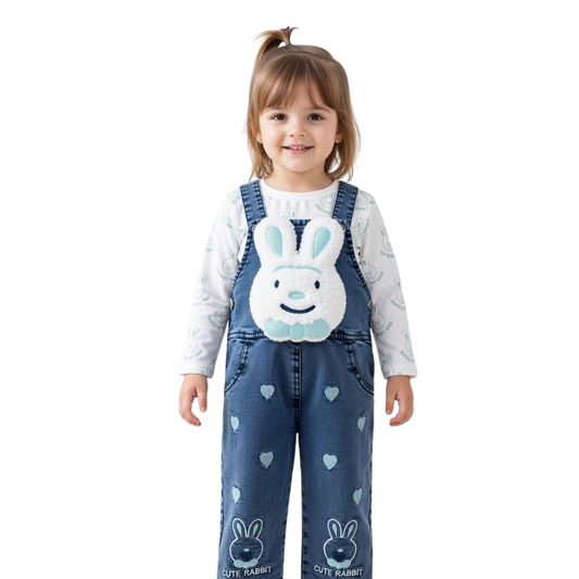 Cute Rabbit & Hearts 2-Piece Toddler Girl Denim Dungaree Set