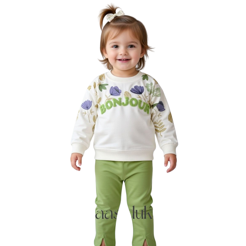 Girls Floral Sweatshirt & Split-Hem Trouser Set