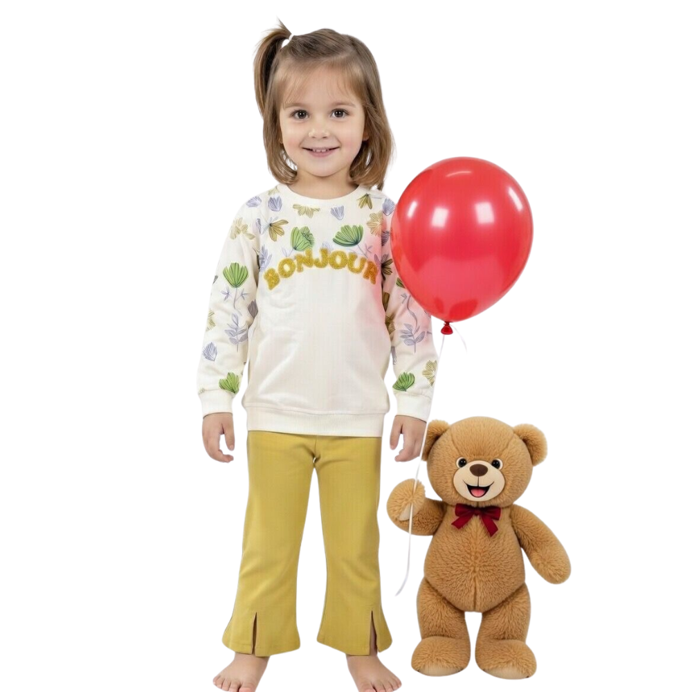 Girls Floral Sweatshirt & Split-Hem Trouser Set