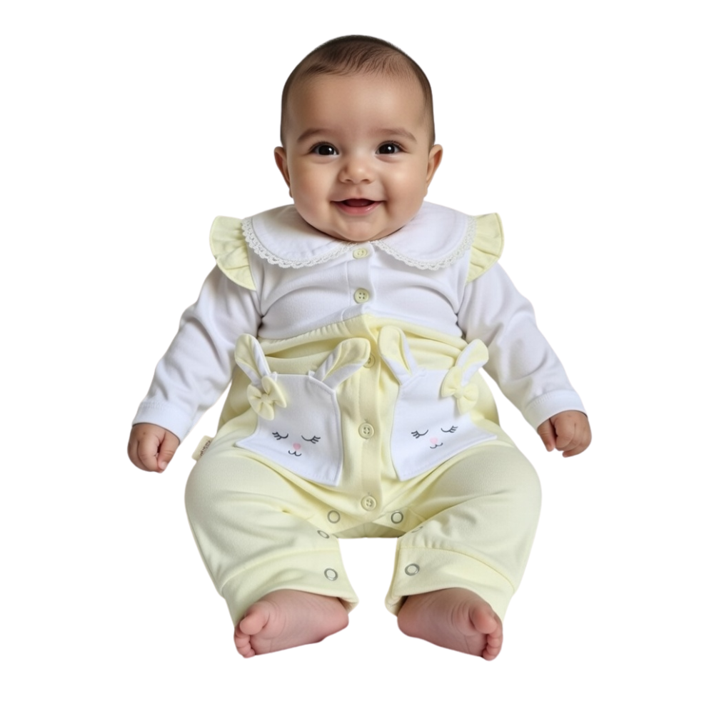 Baby Bunny Ruffle Romper – Long-Sleeve Cotton suit with Pocket Ears