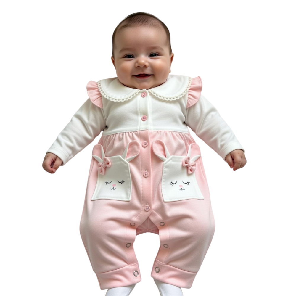 Baby Bunny Ruffle Romper – Long-Sleeve Cotton suit with Pocket Ears