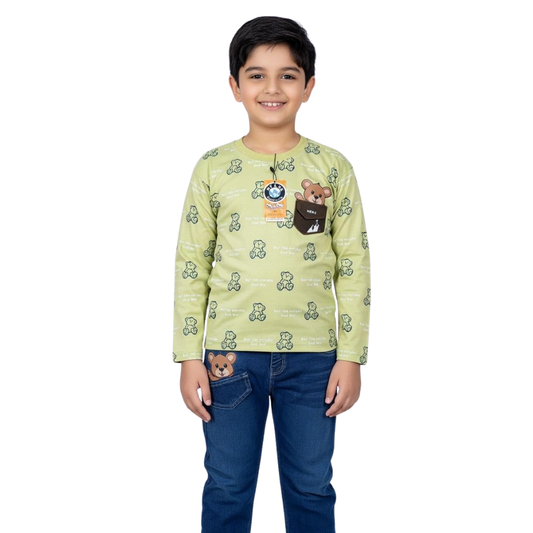 Boys 2-Piece Casual Eid Outfit - Bear Print Shirt & Denim Pants