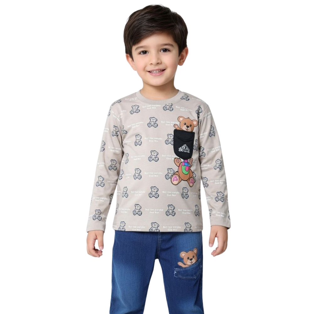 Boys 2-Piece Casual Eid Outfit - Bear Print Shirt & Denim Pants