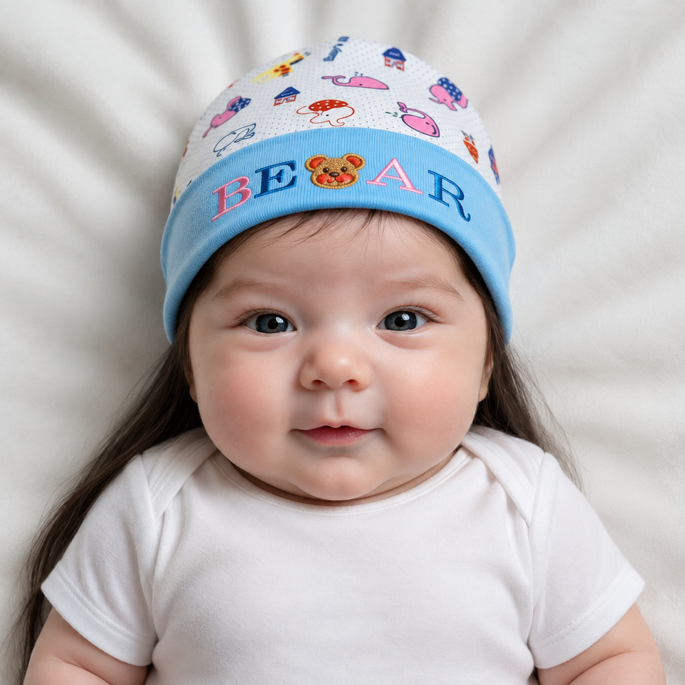 Bear Print Baby Cap | Soft Cotton Infant Hat | Khaas Dukan