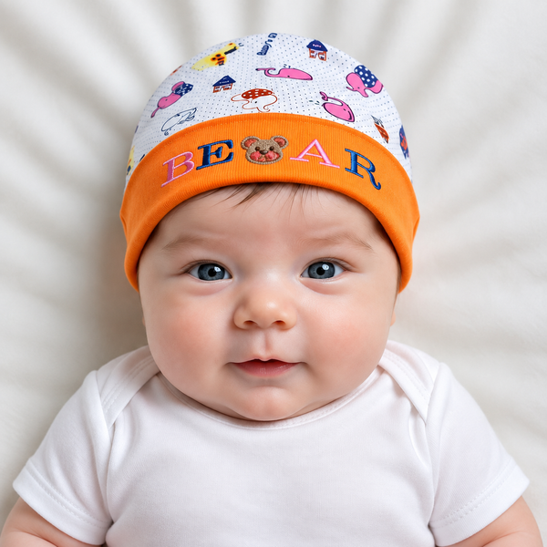 Bear Print Baby Cap Orange | Soft Infant Hat | Khaas Dukan