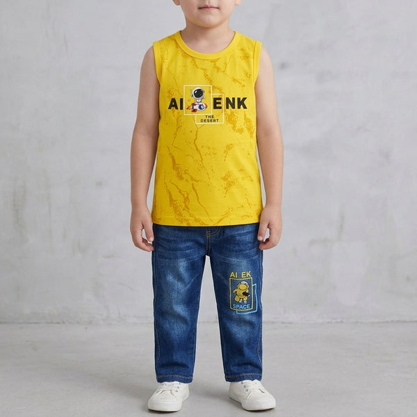Boys 2-Piece Summer Set – Yellow Top & Denim Shorts