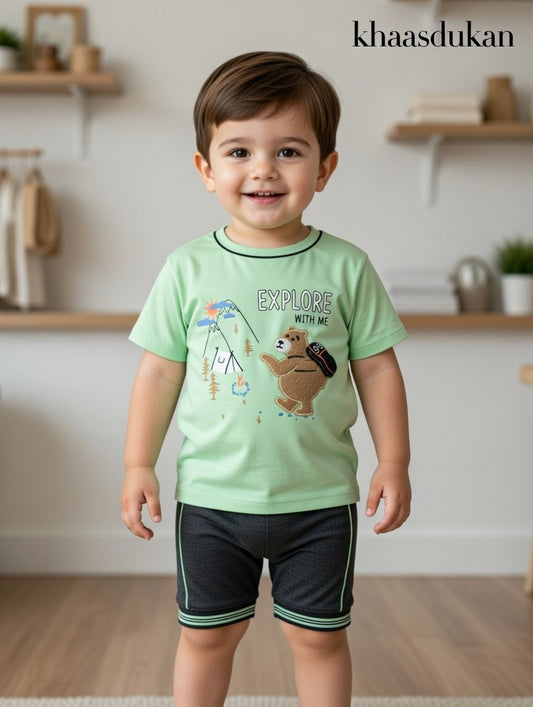 Little Boys' "Explore With Me" Bear Graphic Tee & Shorts Set