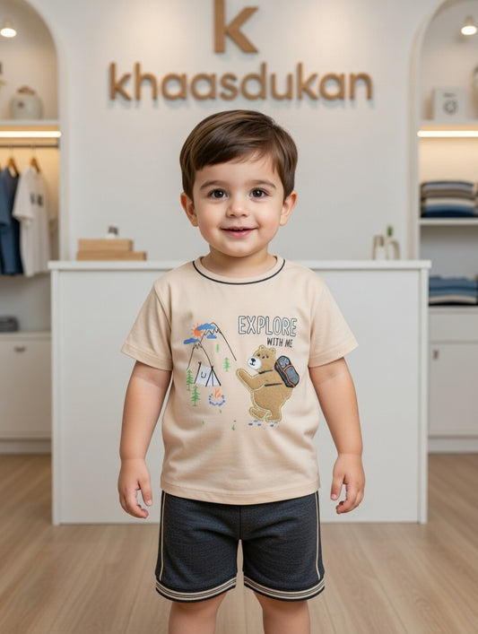 Little Boys' "Explore With Me" Bear Graphic Tee & Shorts Set